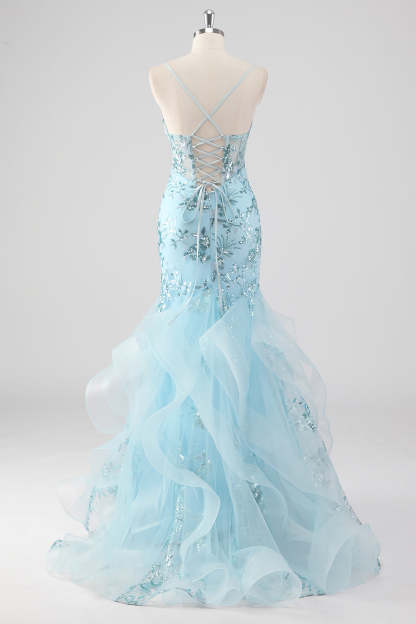 Sparkly Sky Blue Spaghetti Straps Sheath Sequined Prom Dress with Ruffles