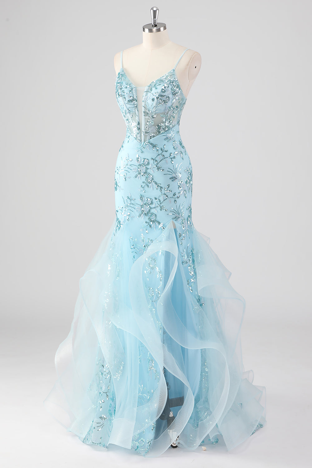 Sparkly Sky Blue Spaghetti Straps Sheath Sequined Prom Dress with Ruffles