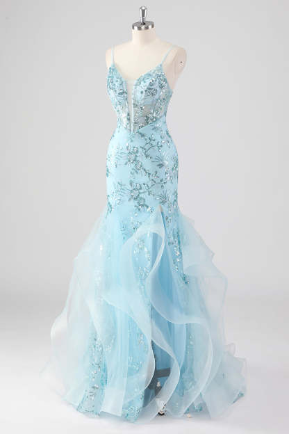 Sparkly Sky Blue Spaghetti Straps Sheath Sequined Prom Dress with Ruffles