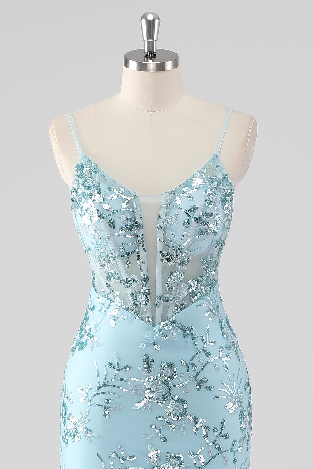 Sparkly Sky Blue Spaghetti Straps Sheath Sequined Prom Dress with Ruffles