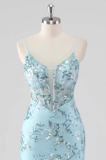 Sparkly Sky Blue Spaghetti Straps Sheath Sequined Prom Dress with Ruffles