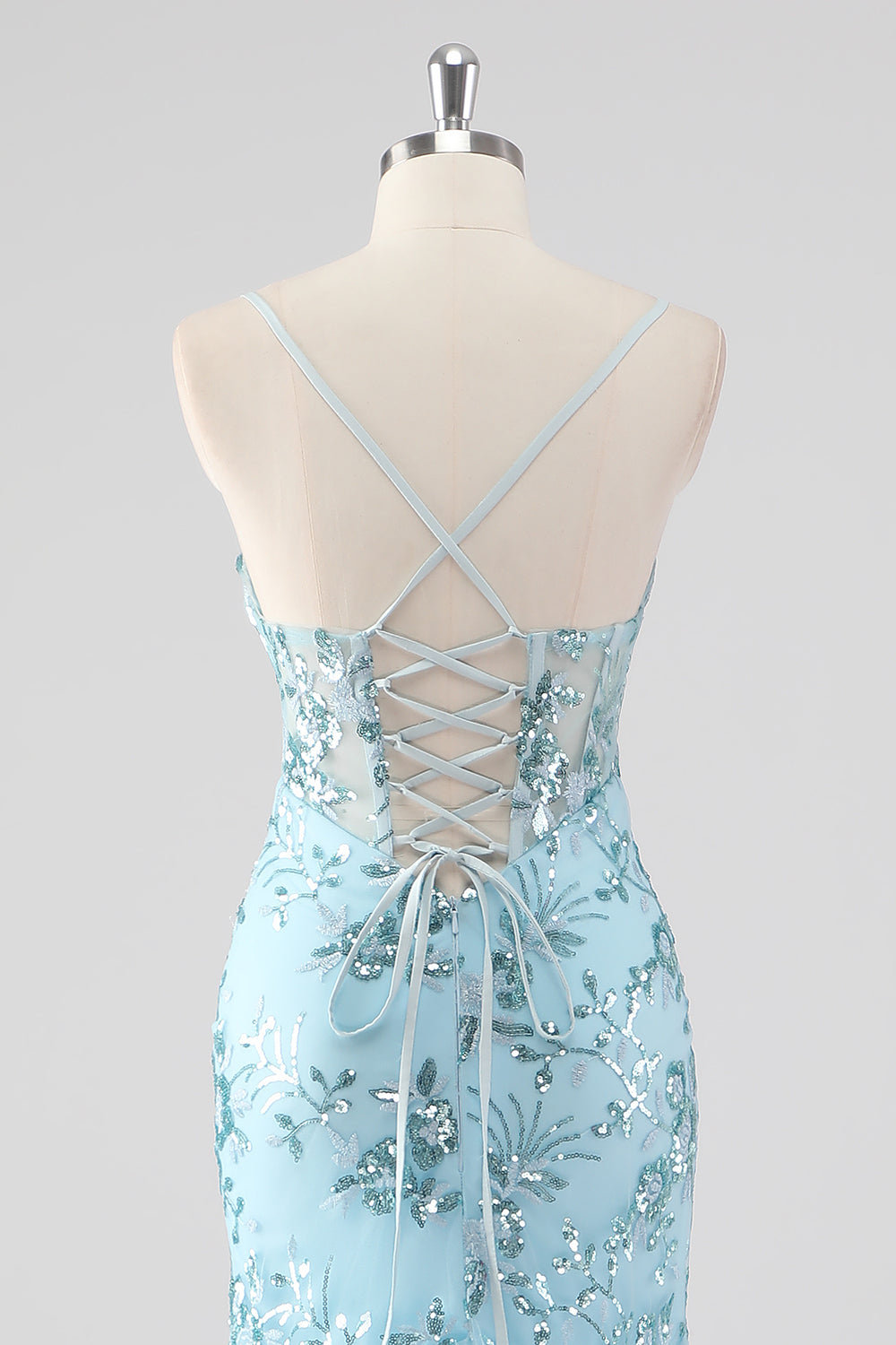 Sparkly Sky Blue Spaghetti Straps Sheath Sequined Prom Dress with Ruffles