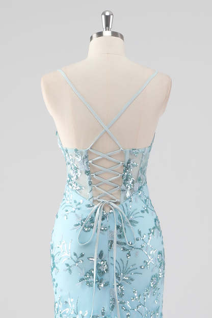 Sparkly Sky Blue Spaghetti Straps Sheath Sequined Prom Dress with Ruffles