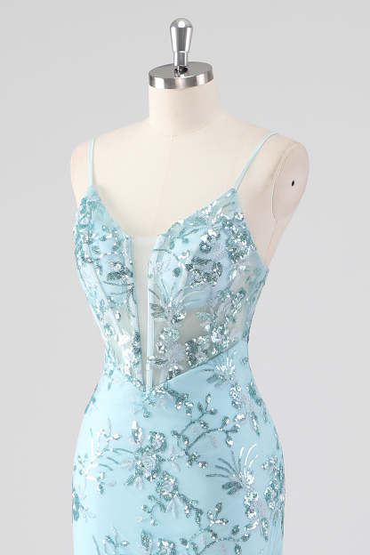 Sparkly Sky Blue Spaghetti Straps Sheath Sequined Prom Dress with Ruffles