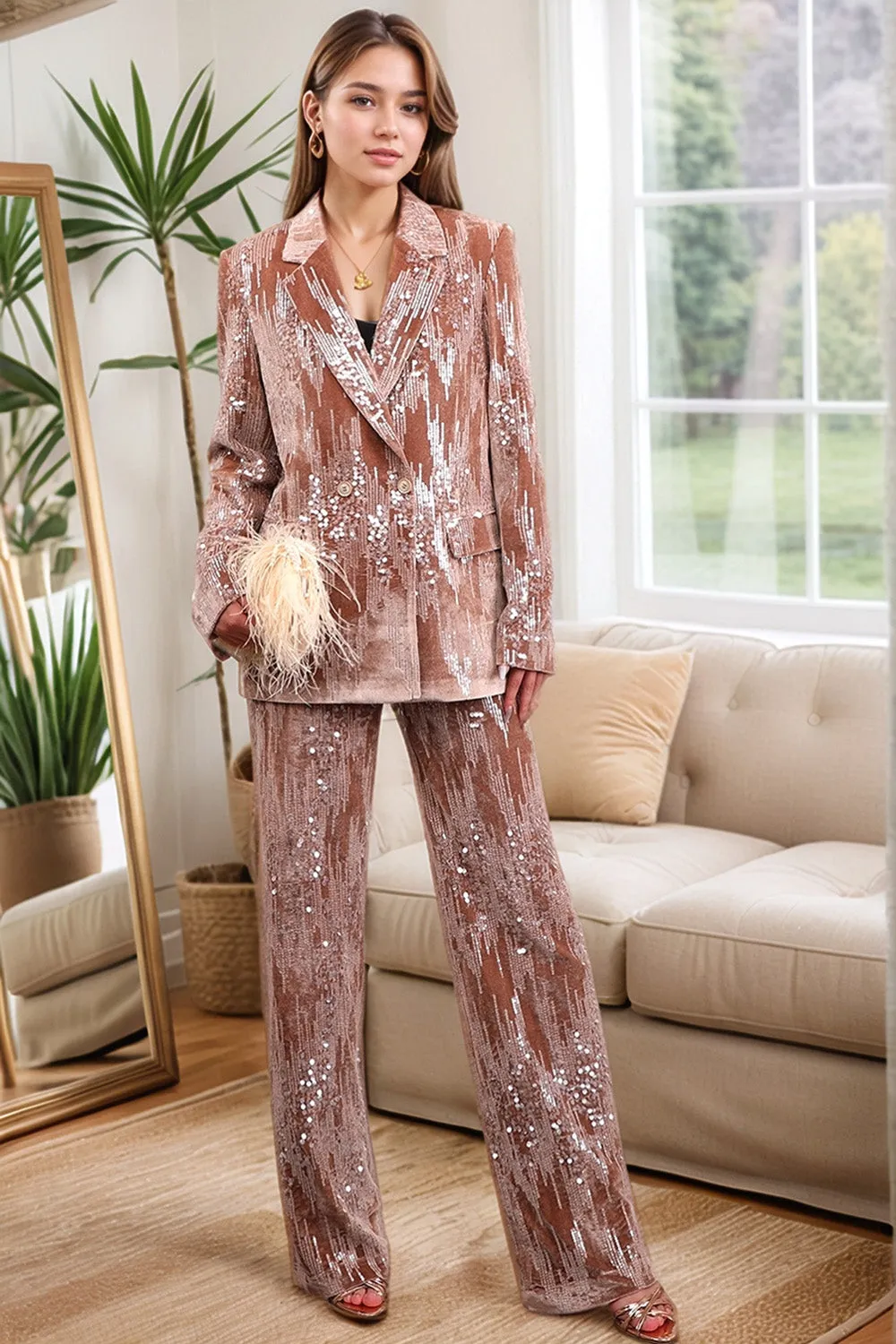 Sparkly Dusty Rose Velvet Notched Lapel Sequins 2 Pieces Suits