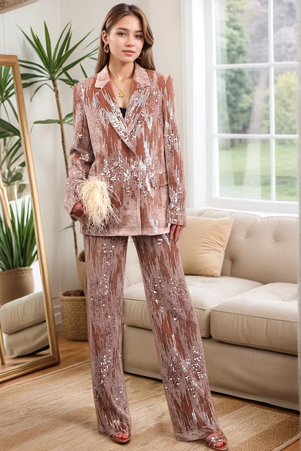 Sparkly Dusty Rose Velvet Notched Lapel Sequins 2 Pieces Suits