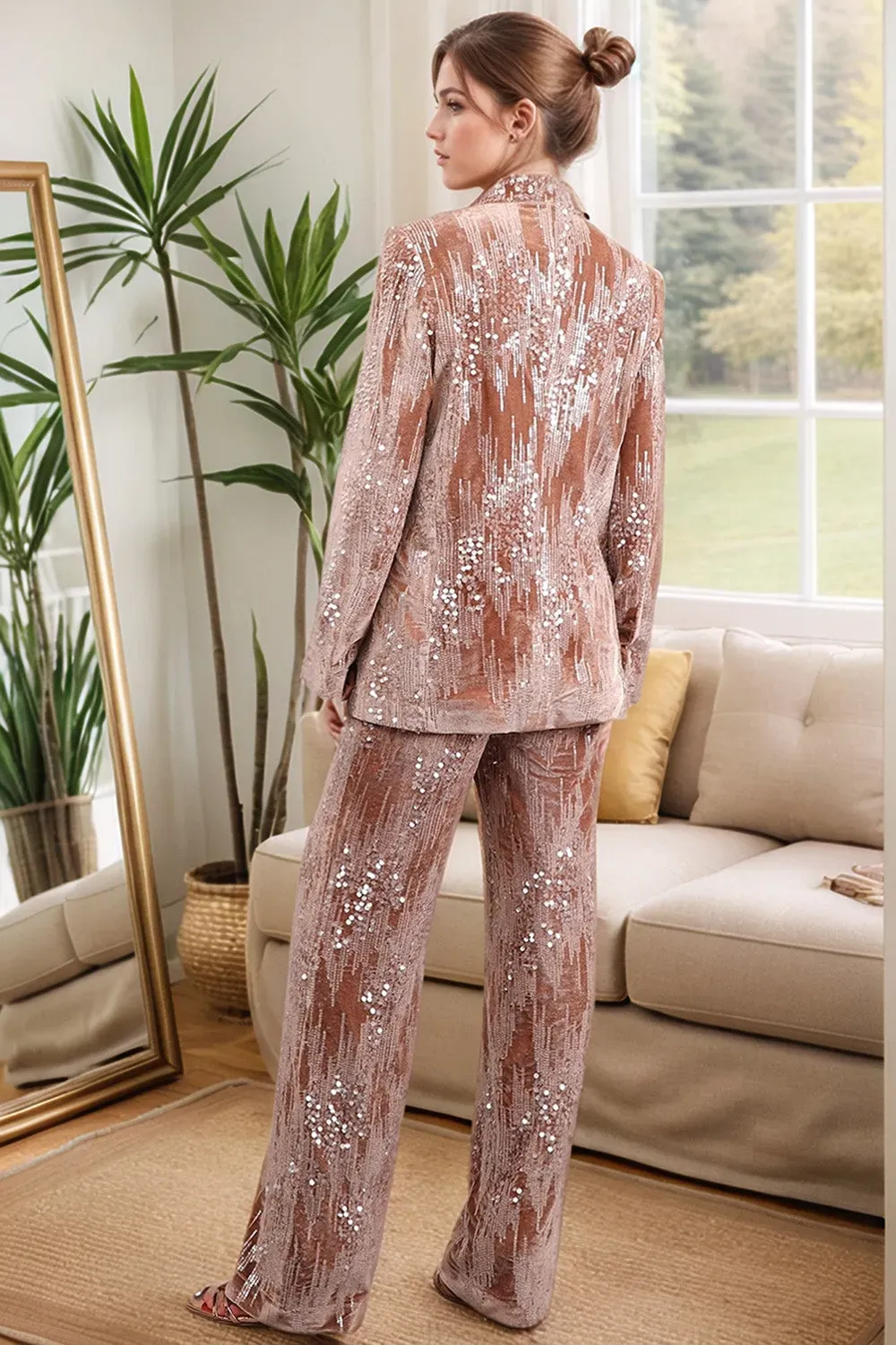 Sparkly Dusty Rose Velvet Notched Lapel Sequins 2 Pieces Suits