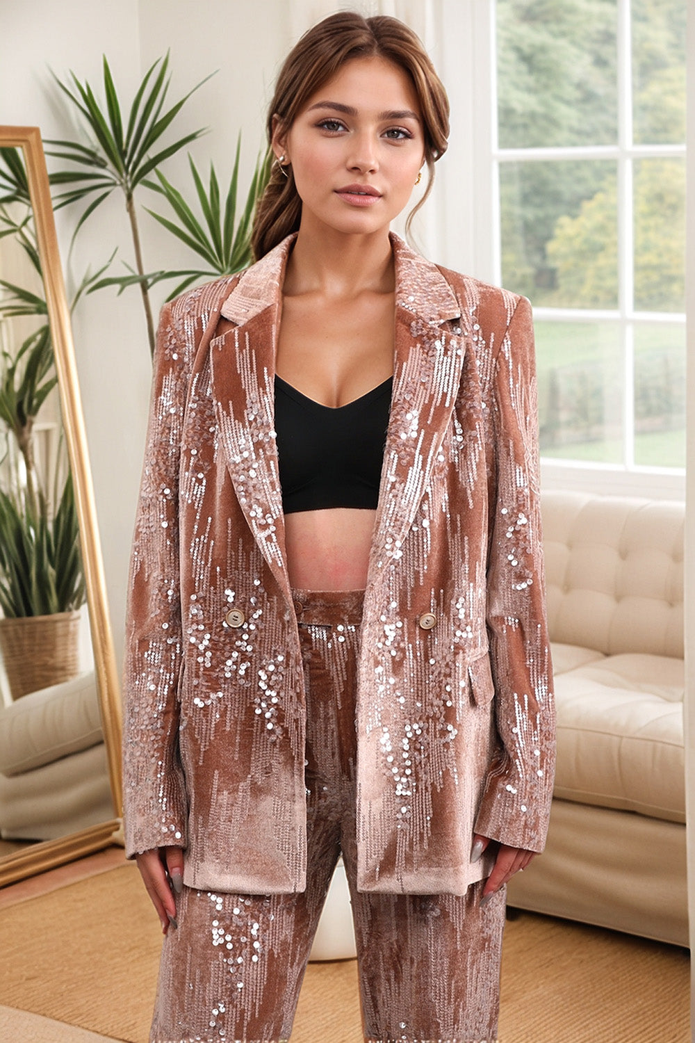 Glitter Dusty Rose Velvet 2 Piece Women's Suits with Sequins