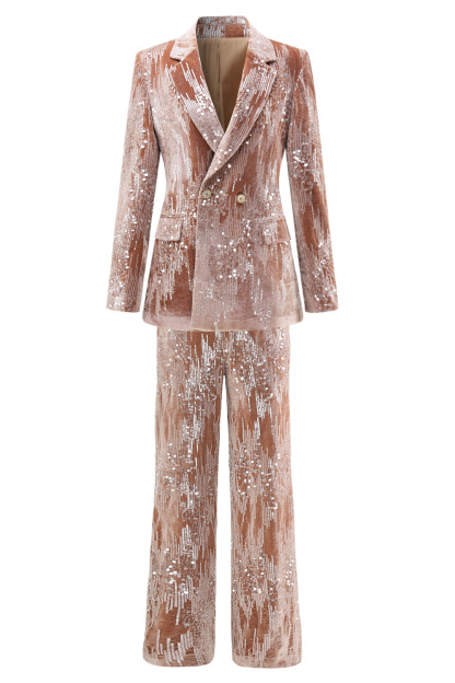 Sparkly Dusty Rose Velvet Notched Lapel Sequins 2 Pieces Suits