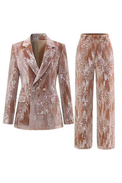 Glitter Dusty Rose Velvet 2 Piece Women's Suits with Sequins