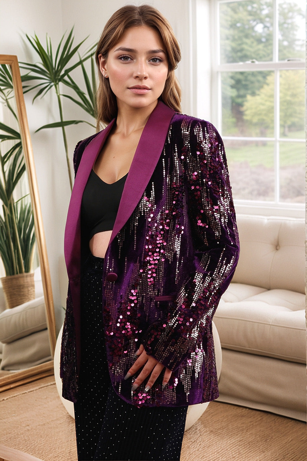 Sparkly Purple Single Button Women's Party Blazer