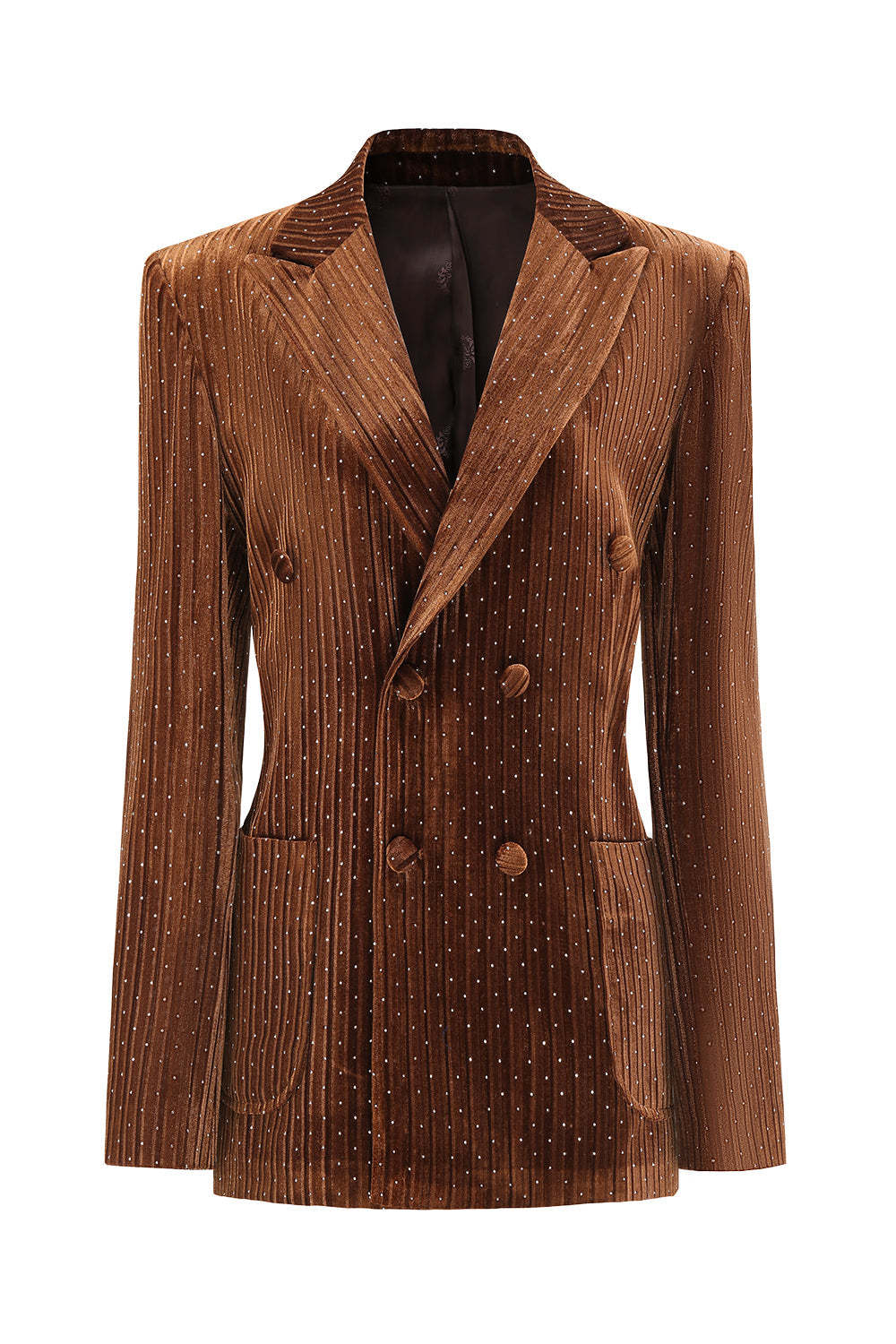 Leely Women Coffee Dots Velvet Peak Lapel Double Breasted Blazer