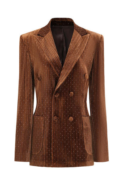 Leely Women Coffee Dots Velvet Peak Lapel Double Breasted Blazer