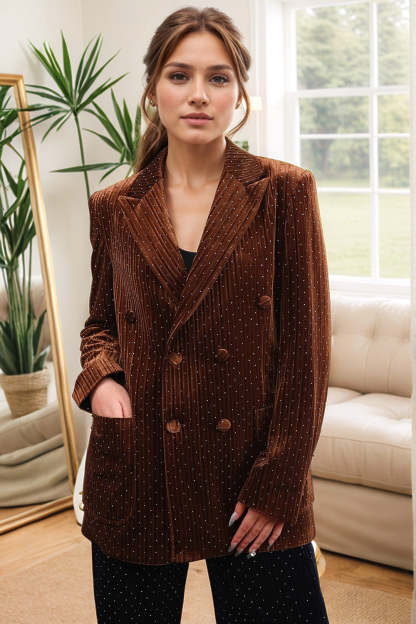 Leely Coffee Double Breasted Women's Blazer with Pockets