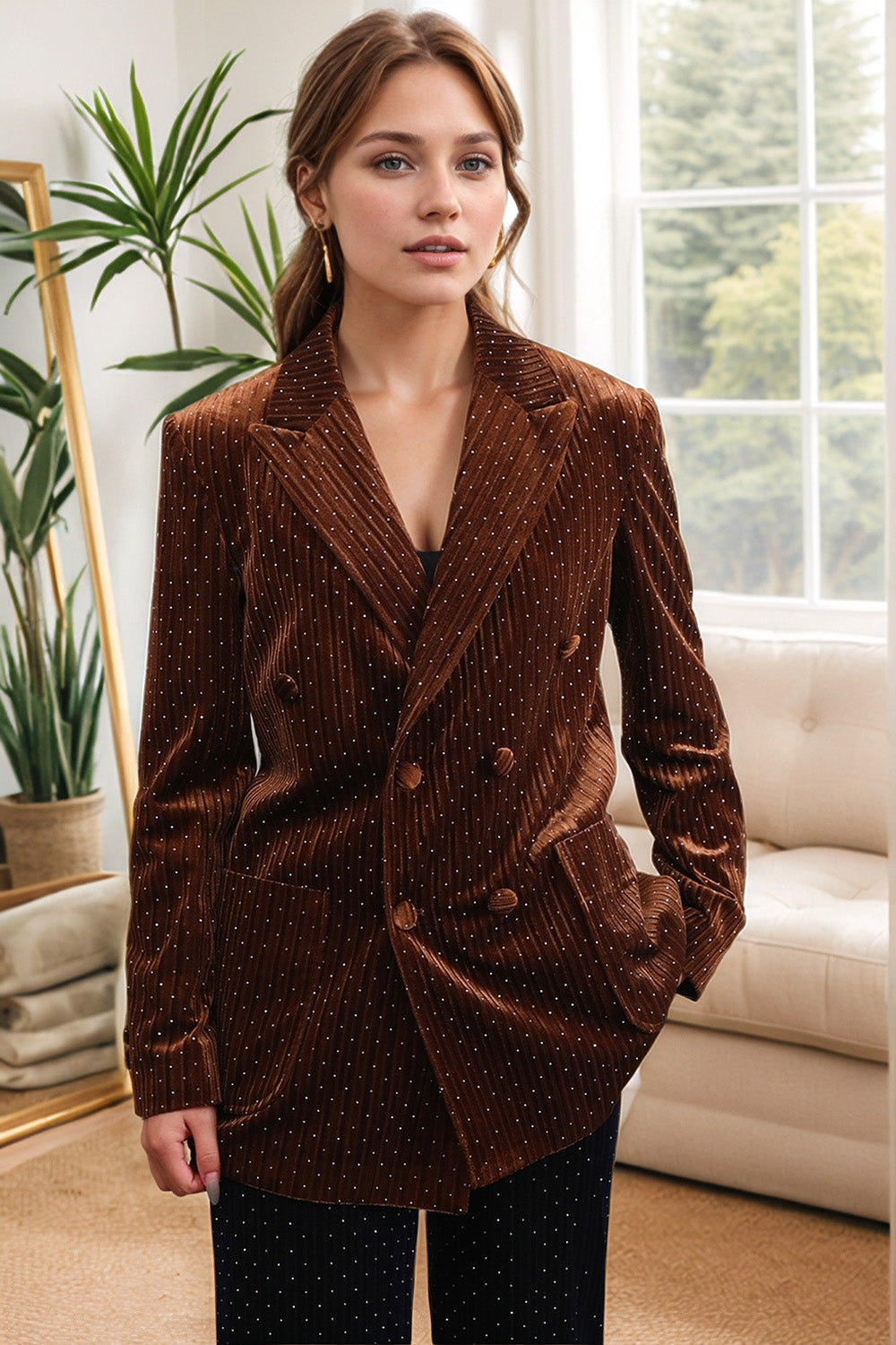 Coffee Double Breasted Women's Blazer with Pockets