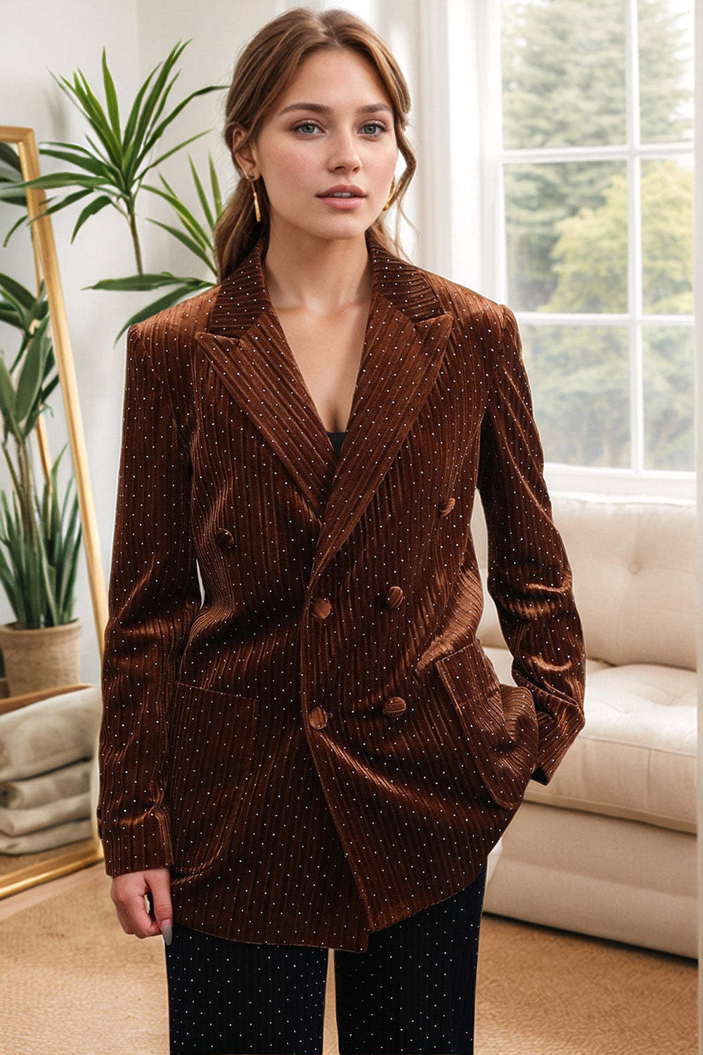 Coffee Double Breasted Women's Blazer with Pockets