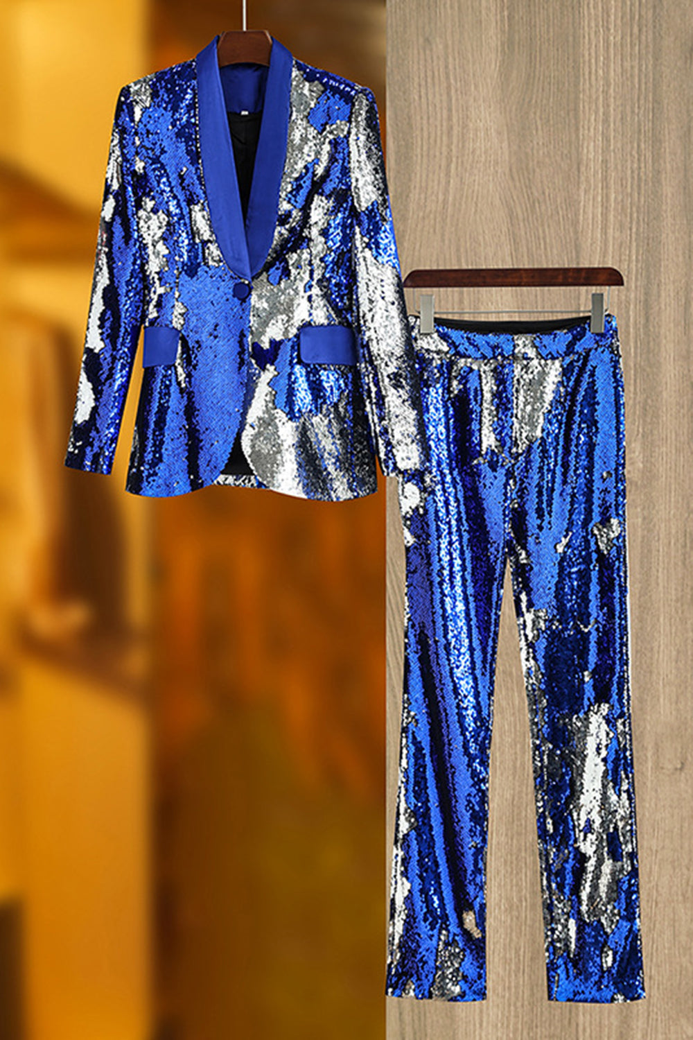 Leely Sparkly Royal Blue Shawl Lapel 2 Piece Women's Party Suit