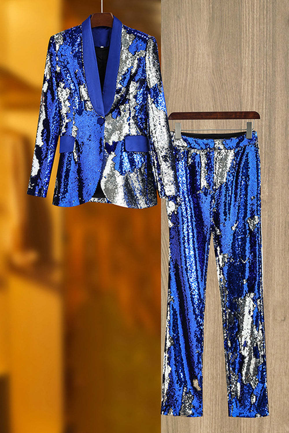 Leely Sparkly Royal Blue Shawl Lapel 2 Piece Women's Party Suit