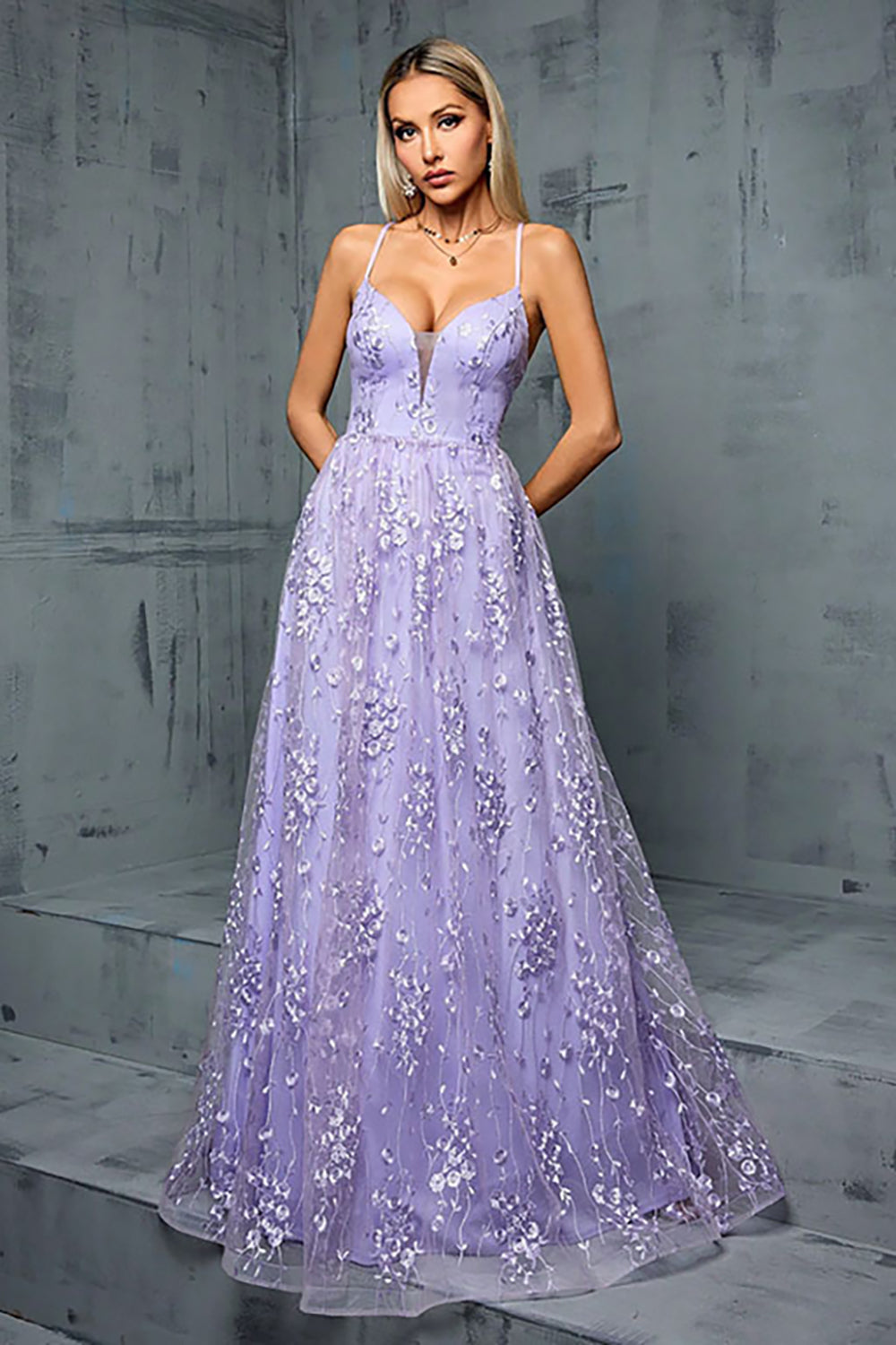 Leely Women Light Purple Prom Dress A Line Spaghetti Straps Floral Tulle Long Formal Dress