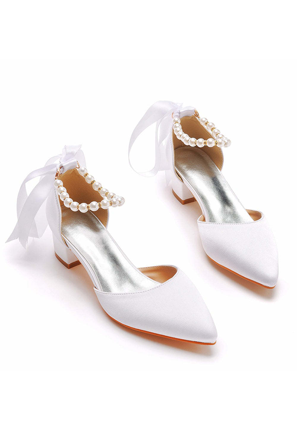 Leely Women Ivory Bridal Shoes Pearl Lace Up Wedding Heels Elegant Point Toe Wedding Party Shoes