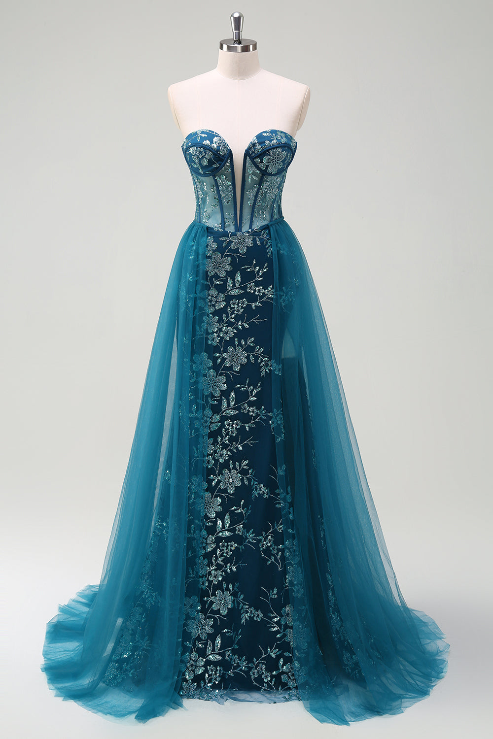 Peacock Blue Strapless Corset Applique Prom Dress