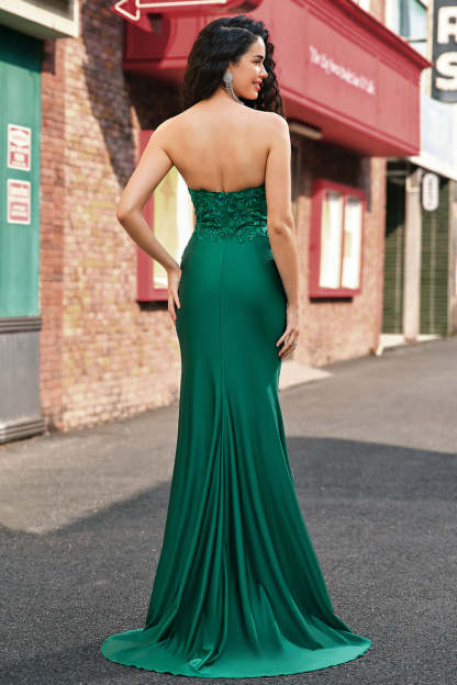 Green Mermaid Applique Strapless Ruched Prom Dress with Slit