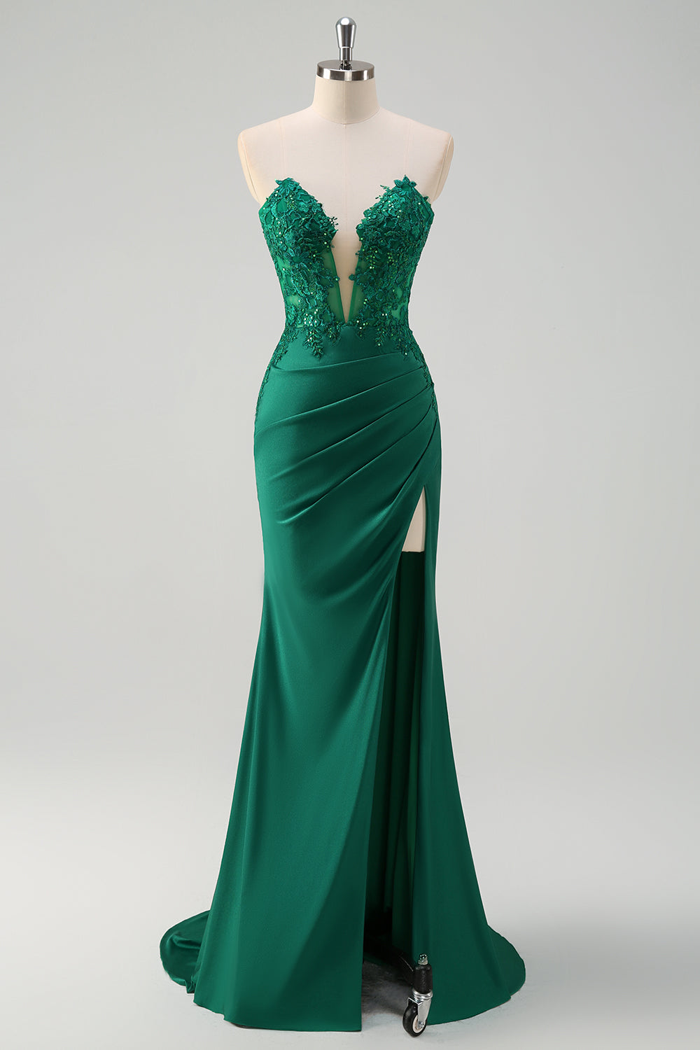 Green Mermaid Applique Strapless Ruched Prom Dress with Slit