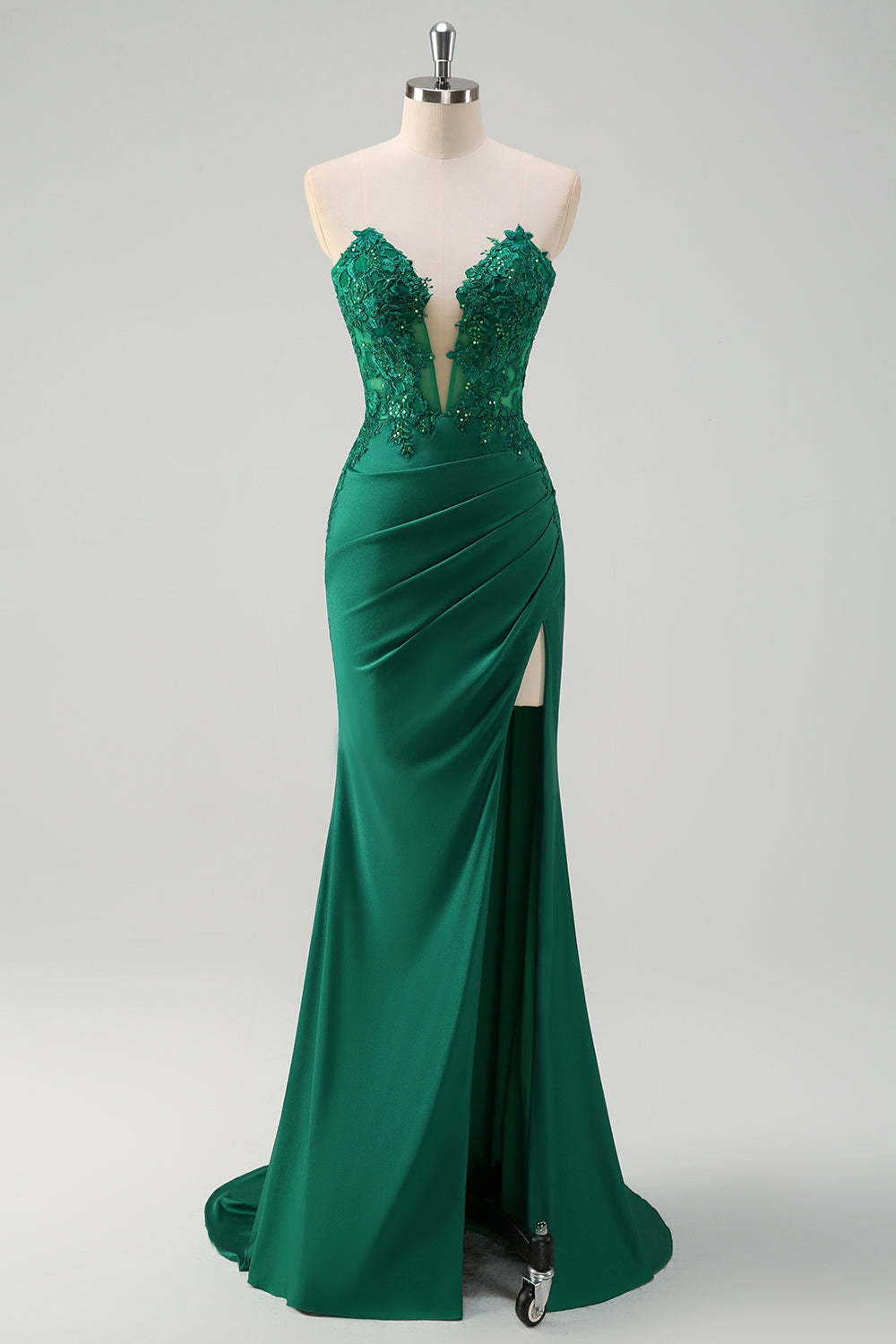 Green Mermaid Applique Strapless Ruched Prom Dress with Slit