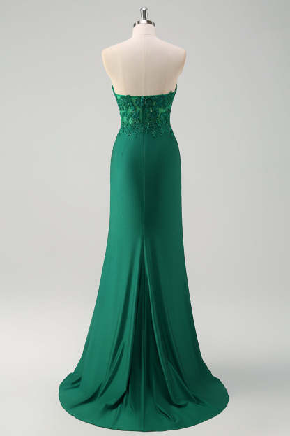 Green Mermaid Applique Strapless Ruched Prom Dress with Slit