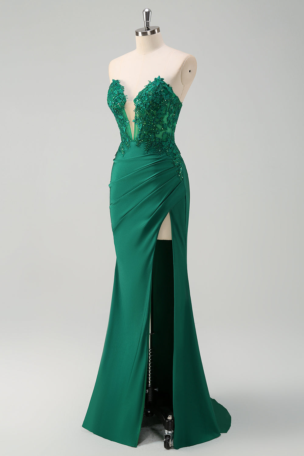 Green Mermaid Applique Sweetheart V-Neck Prom Dress with Slit
