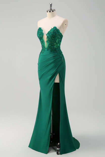 Green Mermaid Applique Sweetheart V-Neck Prom Dress with Slit