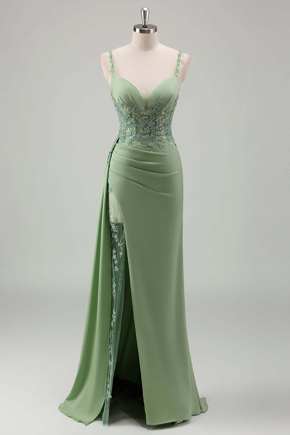 Leely Women Light Green Bodycon Prom Dress with Slit Spaghetti Straps Long Applique Satin Formal Dress