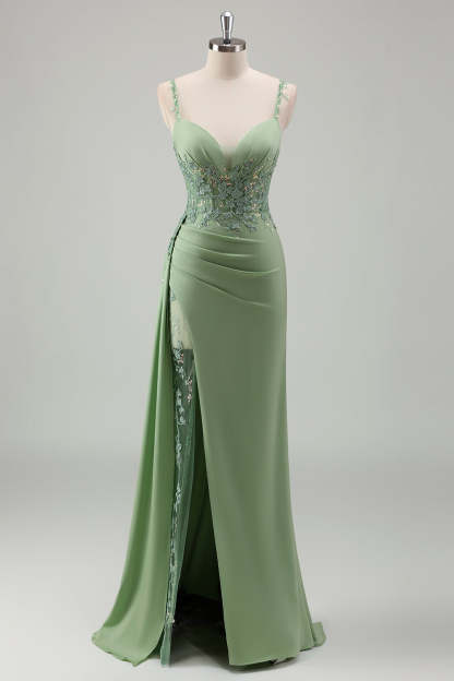 Leely Women Light Green Bodycon Prom Dress with Slit Spaghetti Straps Long Applique Satin Formal Dress