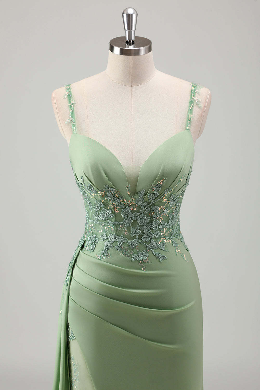 Light Green Applique Satin Bodycon Prom Dress with Slit