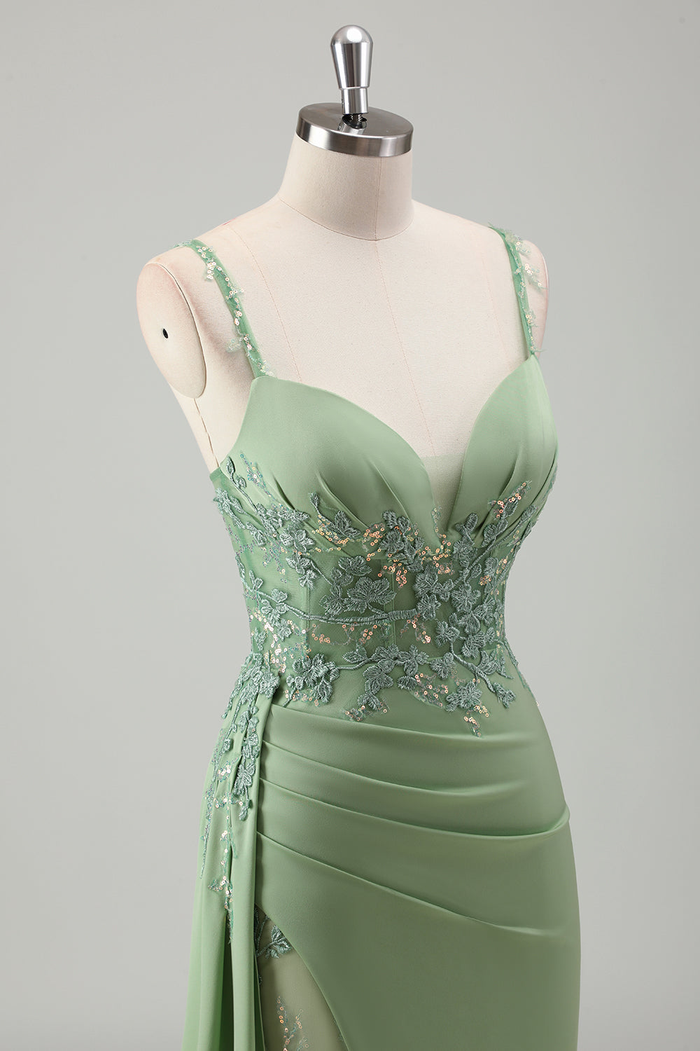 Light Green Applique Satin Bodycon Prom Dress with Slit