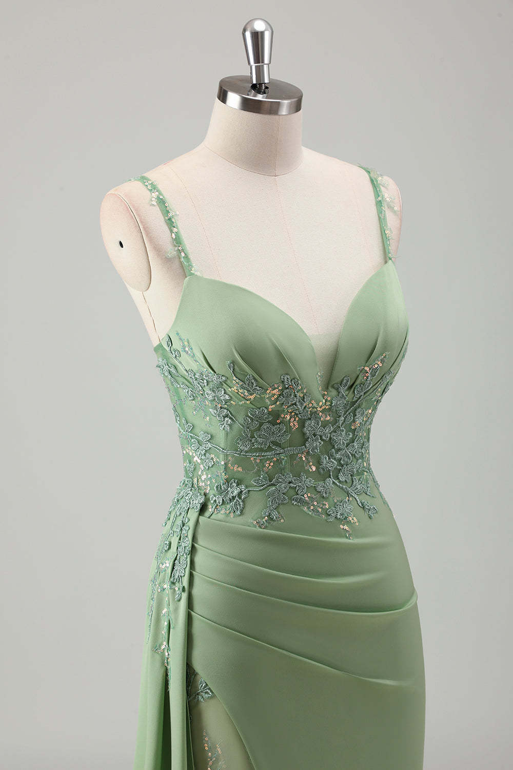 Light Green Applique Satin Bodycon Prom Dress with Slit