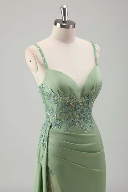 Light Green Applique Satin Bodycon Prom Dress with Slit