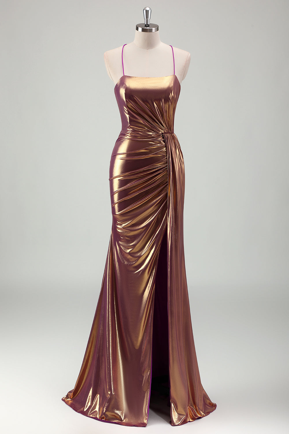 Leely Women Golden Metallic Mermaid Prom Dress with Slit Pleated Party Dress with Criss Cross Back
