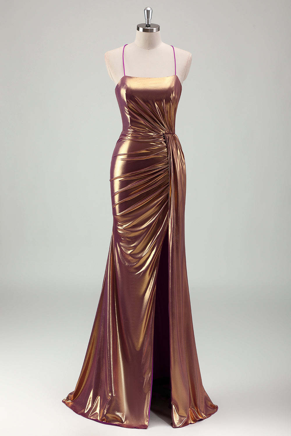 Leely Women Golden Metallic Mermaid Prom Dress with Slit Pleated Party Dress with Criss Cross Back