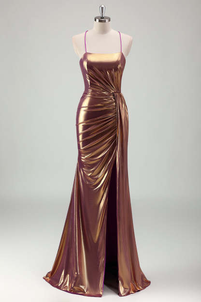 Leely Women Golden Metallic Mermaid Prom Dress with Slit Pleated Party Dress with Criss Cross Back