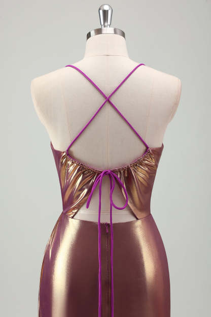 Golden Metallic Pleated Mermaid Prom Dress with Slit