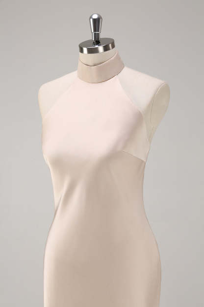 Champagne Halter Mermaid Bridesmaid Dress with Slit