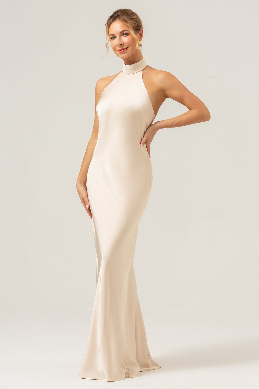 Champagne Halter Mermaid Satin Wedding Guest Dress with Back Slit