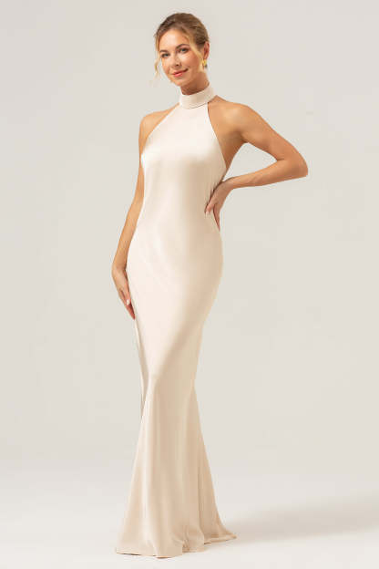 Champagne Halter Mermaid Satin Wedding Guest Dress with Back Slit