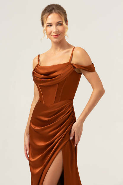 Coffee Cold Shoulder Satin Mermaid Wedding Party Dress with Slit