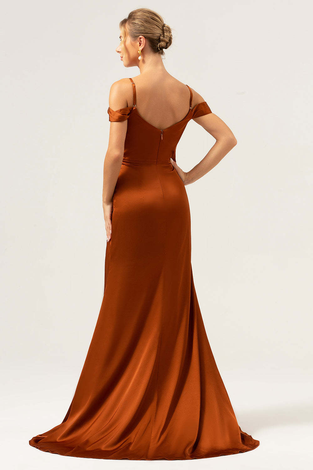 Coffee Cold Shoulder Satin Mermaid Wedding Party Dress with Slit