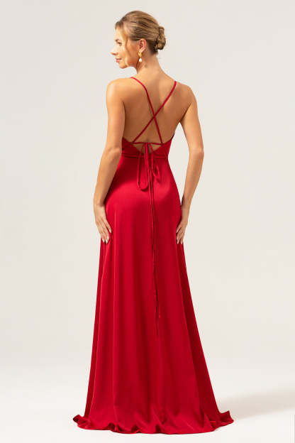 Burgundy Spaghetti Straps A-Line Bridesmaid Dress with Slit