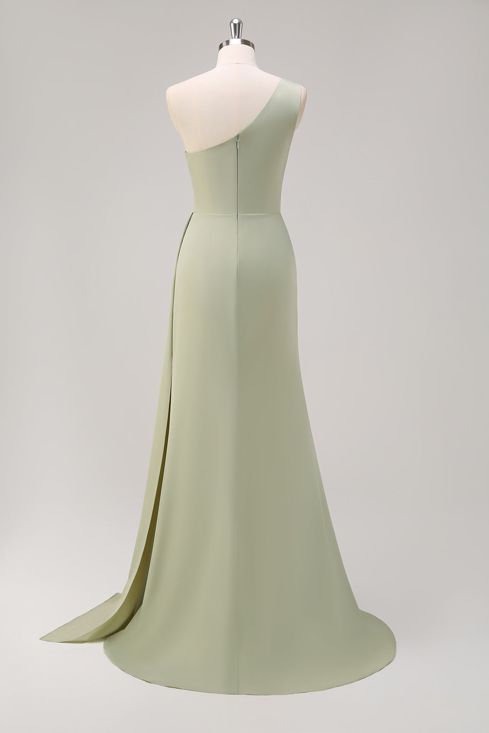 Sage One Shoulder Satin Mermaid Bridesmaid Dress with Slit