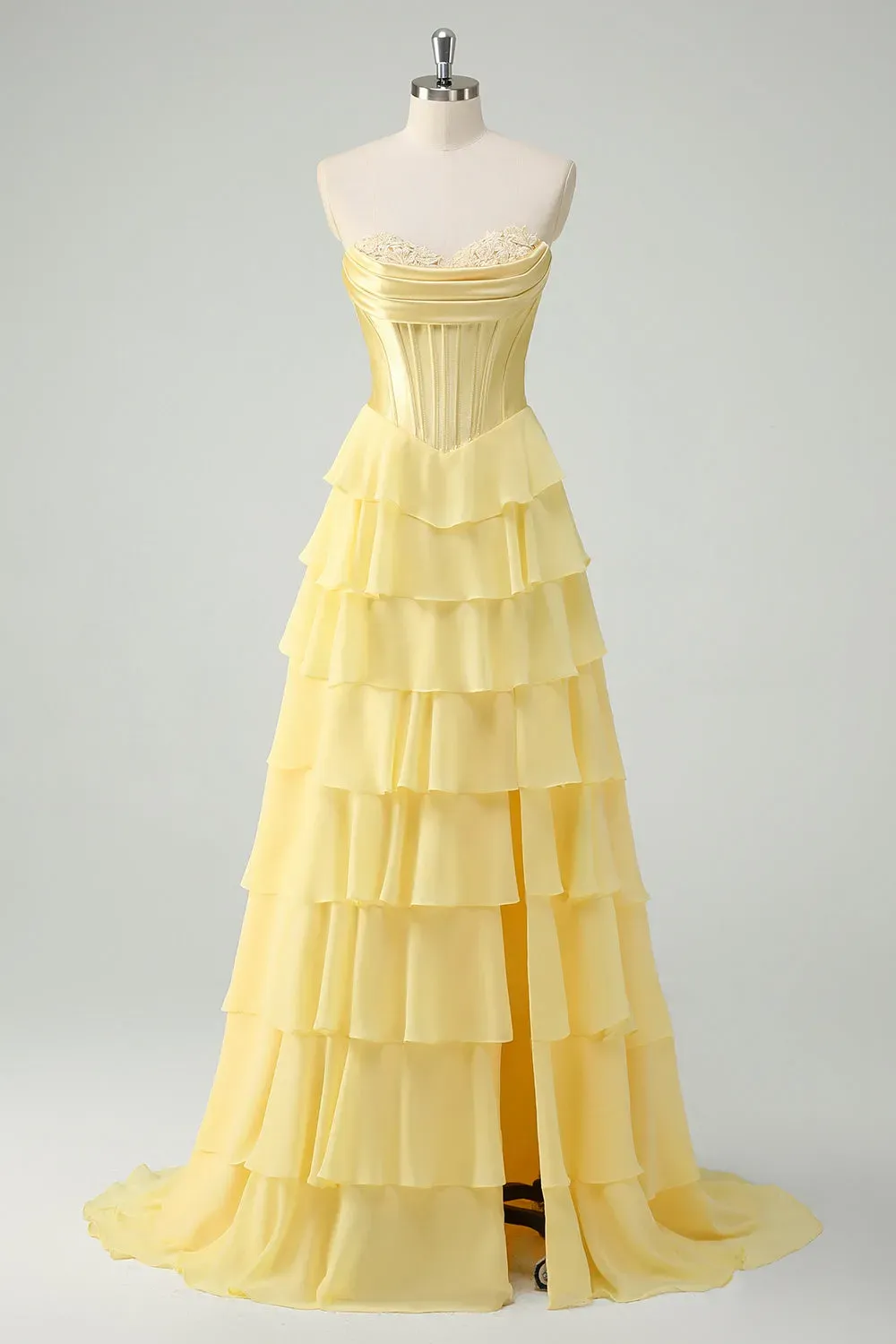 Fuchsia Sweetheart Tiered Floor Length A-Line Prom Dress with Slit