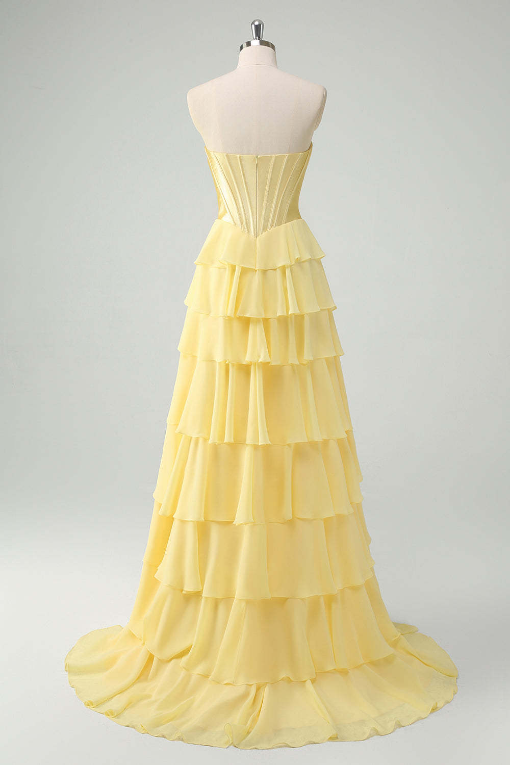 Yellow Sweetheart Corset Tiered A-Line Prom Dress with Slit